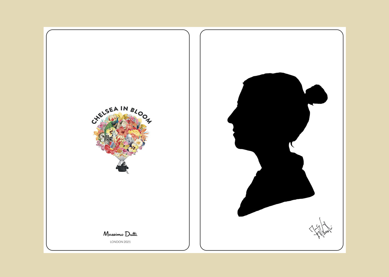 Siluetista en evento Massimo Dutti Chelsea in Bloom — tarjetas de silueta personalizadas con marca